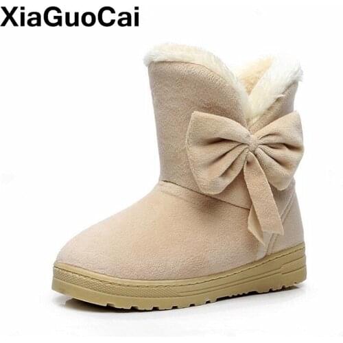 Brand 2021 Womens Shoes Winter Boots For Women Comfortable Solid Warm Female Ankle Boots With Fur Botas Footwear Butterfly-knot