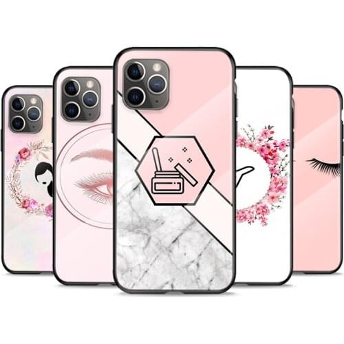 Tempered Glass Cover Pink Eyelash Print For Apple iPhone 12 11 8 7 6 6S XS XR SE X 2020 Pro Max Mini Plus Phone Case