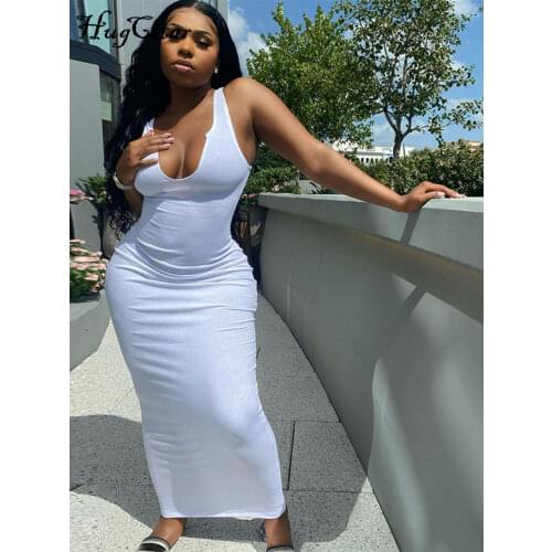 Hugcitar 2021 Sleeveless Solid Square Collar Ribbed Skinny Maxi Dress Spring Summer Women Fashion Sexy Streetwear Lounghe Wear