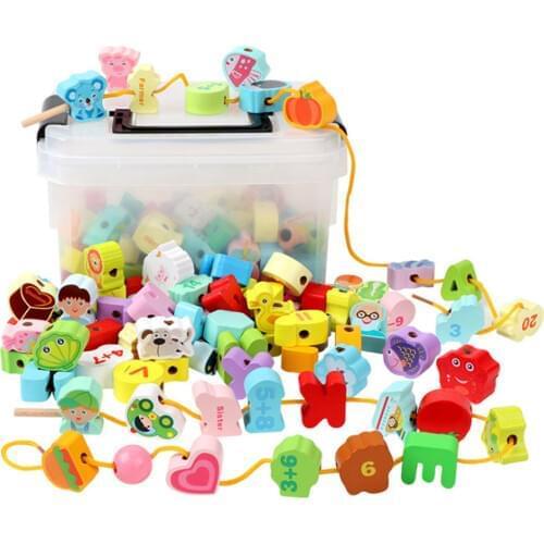 65Pcs Lacing Toy Wooden String Animal Fruits Vegetable Vehicles Lacing Beads with Storage Box for Children Educational Toys