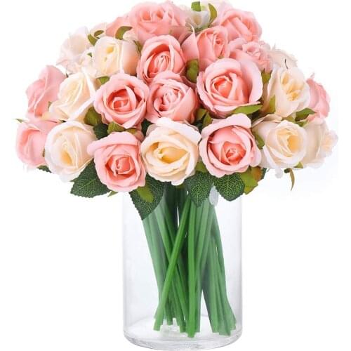 12Pcs Artificial Flowers Rose, Silk Roses Bridal Wedding 1 Bouquet Decoration Home Office Party Decor Arrangements