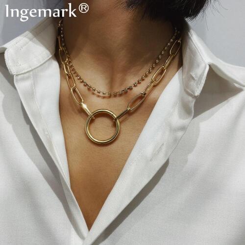 Gothic Crystal Multi Layer Circle Choker Necklace Collar Statement Steampunk Gold Color Sexy Lock Chain Necklace Women Jewelry