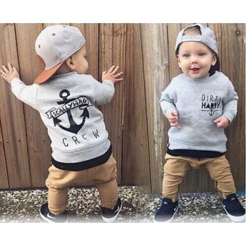 Infant Toddler Baby Girl Boy Clothes Set 2020 Fall Long Sleeve Grey Dirty Harry Sweater+Khaki Trousers 2pcs Boy Clothing Outfits