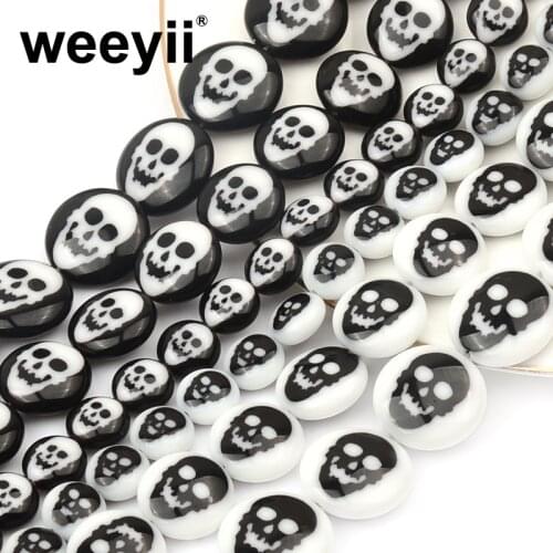 8/12/14mm Beautiful Flat Round Black White Skull Pattern Glass Beads For Jewelry Making Bracelet Necklace Earrings Accessories