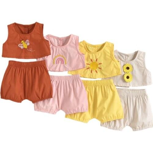 2-6Years Toddler Baby Girl Summer Casual Clothing Sunflower Printed Top Vest Solid Shorts Outfit