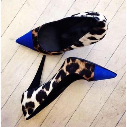 Hot Selling Blue Suede Leather Leopard Pumps Pointed Toe Cone Heel Formal Party Dress shoes woman Size 34-41 Free Ship