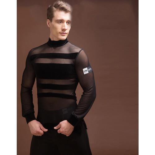 New Latin Shirt Men Elastic Black Gauze Original Design Shirts Men Adult Modern Chacha Latin Ballroom Dance Dress For Men BL1306