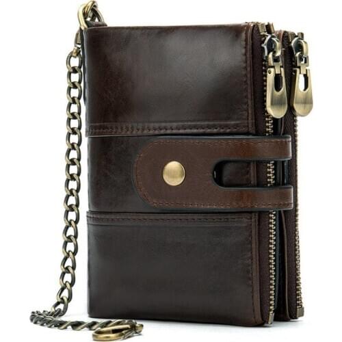 Genuine Leather Men Wallets Short Credit Business Card Holders Double Zipper Cowhide Leather Wallet Purse Carteira