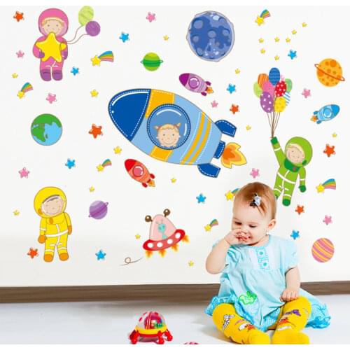 [shijuekongjian] Astronauts Outer Space Planets Wall Stickers DIY Cartoon Children Decals for Kids Rooms Baby Bedroom Decoration