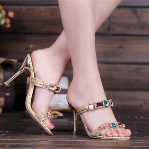 2020 summer new sexy rhinestone high heel sandals female high heels all-match large size small size sandals and slippers