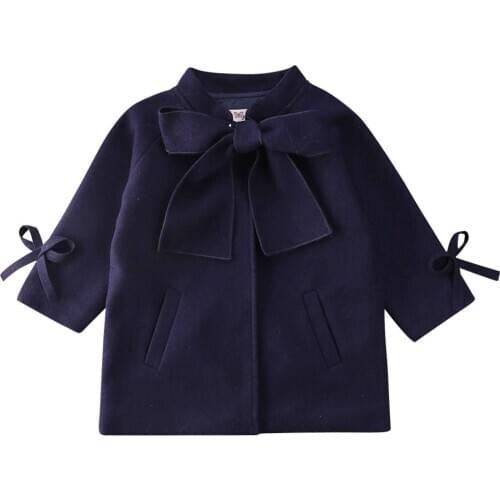 Pudcoco Children´s Navy Blue Long Sleeve Coat Autumn and Winter Warm Woolen Outwear Jackets with Pockets Baby Girls 2-7 Years