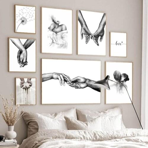 Self-adhesive Wall Stickers Black White Romantic Hand In Hand Love Quotes Wall Art Poster Print Fashion Lovers Room Decoration