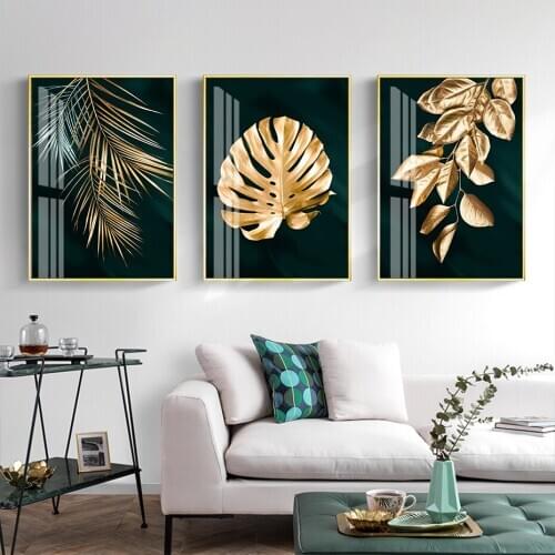 Modern Dark Green Background Golden Leaves Canvas Painting Wall Art Prints Poster Pictures for Living Room House Interior Decor