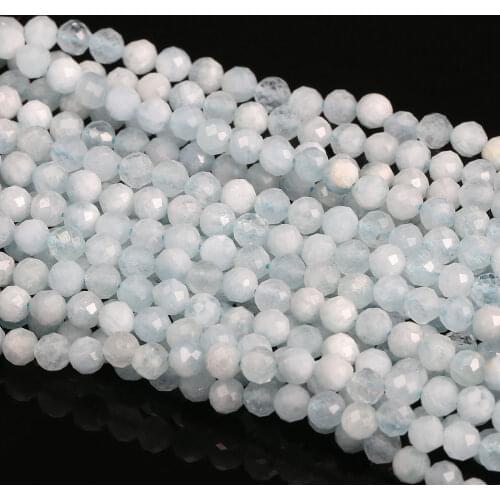 High Quality 100% Natural Stone Faceted Aquamarines Round Beads Strand 15'' for Jewelry Making DIY Necklace Bracelet Accessories