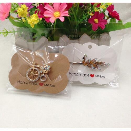 50Pcs Jewelry Cards +50Pcs Clear Opp Bags 9x6.5cm Kraft Paper Cute Cloud Hairpin Hair Clip Card Handmade With Love Brooch Tags