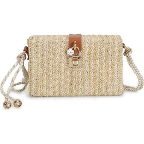 Female Lock Handbag with Flowers Handmade Straw Shoulder Bag Summer Womens Woven Rattan Bag Vintage Beach Cross Body Bag