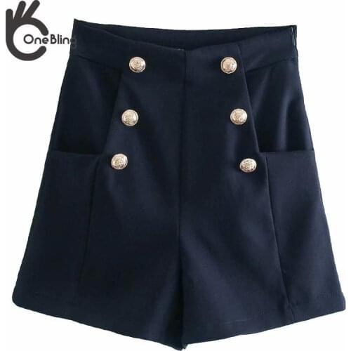 OneBling Double Breasted Button Decoration Career Pants Side Zipper Women High Waist Shorts Patch Pocket Casual Straight Shorts