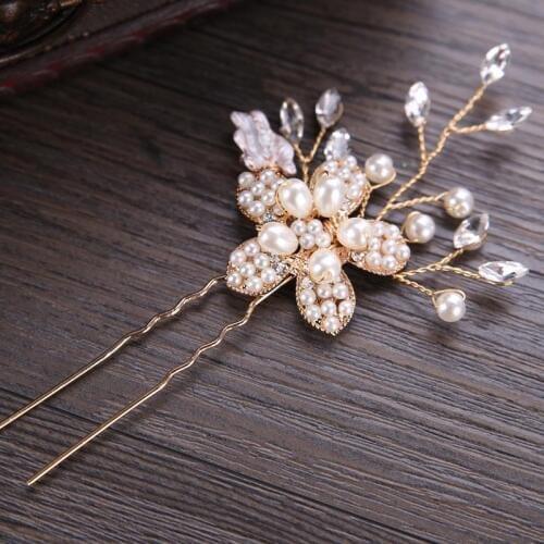 Ladies Vintage Style Hair Clip Bridal Handmade Simulation Pearl Flower Shaped Hair Pins Women Rhinestones Wedding Hair Accessory