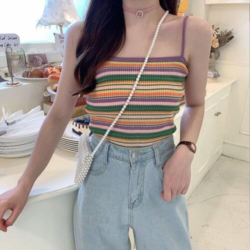 Women Corset Tops Camisole Summer Rainbow Striped Knitted Vest Sleeveless Top Tank Camis Crop Top For Women
