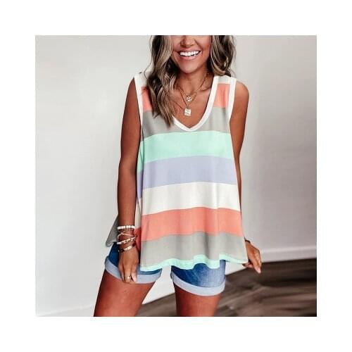 2021 Summer Womens Contrast Stripe Sleeveless Vest T-shirt Casual Blouse Womens Vest
