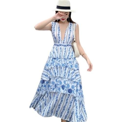 High Quality Fashion Runway Designer Summer Dress Womens Sexy Temperament V Neck Irregular Print Dress