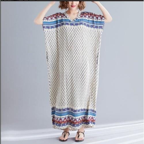 Women Summer Style Boho Dress Floral Printing Loose Maxi Dress Elegant V Neck Female Vintage Beach Sundress Vestidos K1429