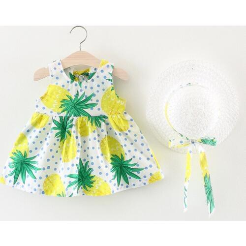 2018 Hot Summer baby girl clothing set pineapple printed Flower Dresses + Bows Sun Hats baby girl clothes Newborn Outfits