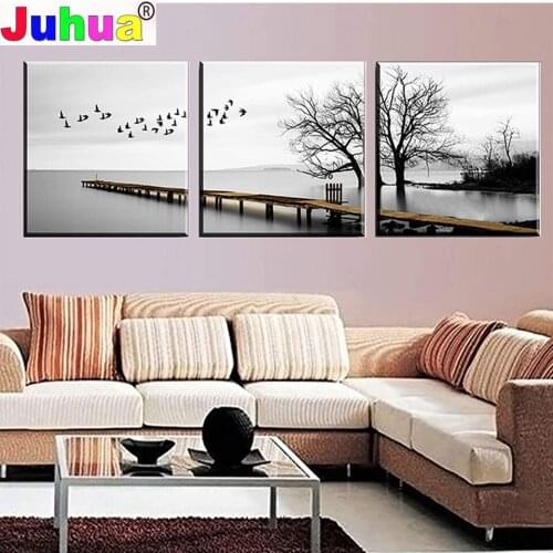 Diamond painting cross stitch Lake,Pier,Landscape,Birds,Winter,Beautiful Dock triptych Pictures 5d diamond embroidery 3 pieces