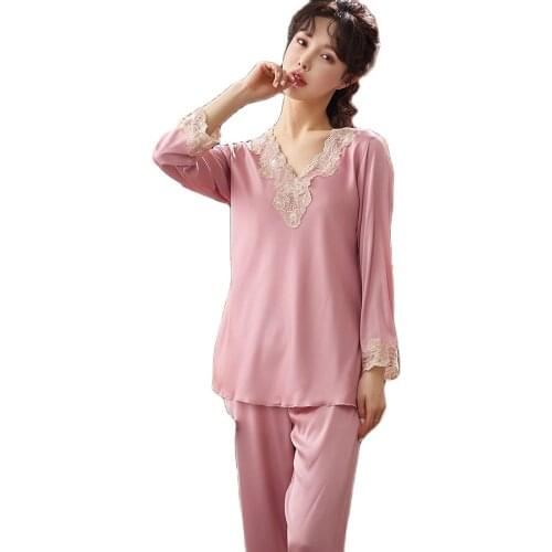 Satin Pajamas Suit Women Sexy Lace V-Neck Sleepwear Pyjamas Spring Summer New 2PCS Sleep Set Casual Rayon Shirts&Pants Home Wear