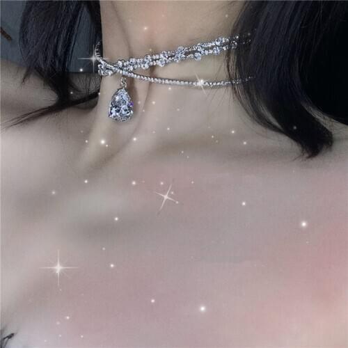 FYUAN Shine Crown Crystal Choker Necklaces for Women Water Drop Pendant Necklaces Torques Jewelry Party Gifts