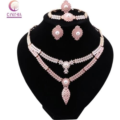 CYNTHIA Gold Color Costume Jewelry Set Rhinestone Dubai Nigerian Jewelry Set for Women Bridal Necklace Earrings Bracelet Set