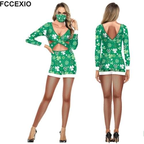 FCCEXIO Irish Festival Bodysuits Mans Long Sleeve Costumes Suit Four Leaf Clover Print Women St. Patricks Day Party Jumpsuit