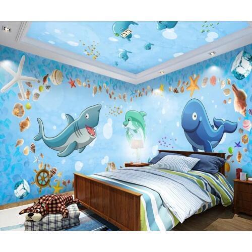 Customized large-scale 3D mural wallpaper cartoon hand-painted fantasy undersea world theme space whole house background wall