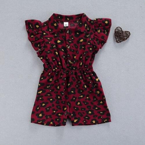 Toddler Baby Girl Summer Jumpsuit, Leopard Print Turn-Down Collar Ruffed Sleeves Slim-Waist Short Rompers for Small Girls, Red