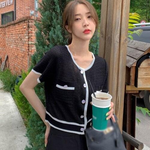 Summer Patchwork Hollow Out T-Shirt Womens Fashion Round-Neck Button Knitted Short Sleeved Cardigan Top