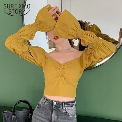 Fashion French Vintage Square Collar Flare Sleeve Shirt Women Sky Blue Ginger Yellow Blouse Girls Long Sleeve Crop Tops 13277