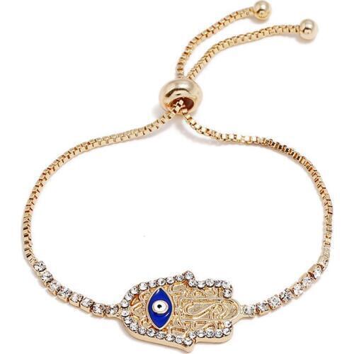 Fashion Female Personality Simple Statement Hamsa Hand Shaped Crystal Blue Evil Eye Adjustable Bracelets for Women Men Jewelry