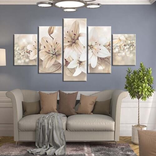 5 Panel Modular Poster Wall Art Canvas HD Printed Oil Paintings Abstract Lily Flower Pictures For Living Room Modern Home Decor