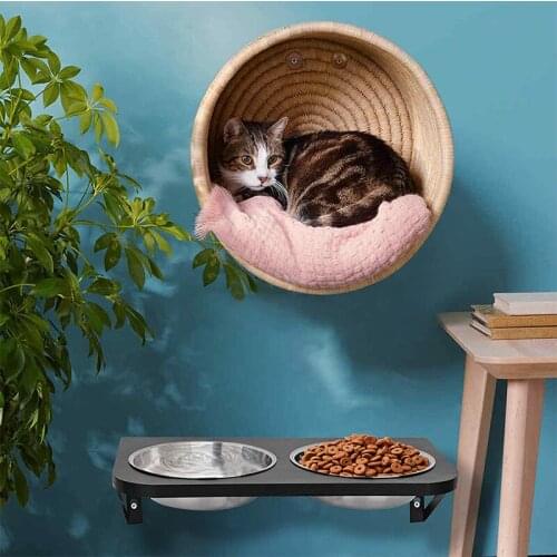 Pet supplies wall shelf Wooden wrought iron double bowl pet eating shelf Wooden pet feeder