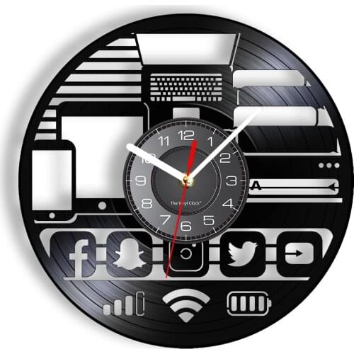 Geek Gadget Wall Clock Made Of Real Vinyl Record Internet Social Network APP Icons Engraved Retro Wall Watch Unique Geeks' Gift