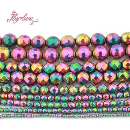 Natural Multicolor Hematite Faceted Round Bead Loose Stone Beads For DIY Necklace Bracelet Jewelry Making Strand 15" 2/3/4/6/8MM