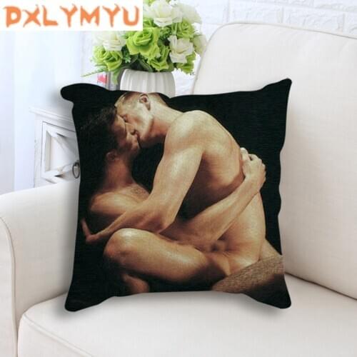 Angel Wings Gay Kissing Couple Nude Art Printed Pillowcase Thin Linen Cushion Decorative Pillow Home Decor Sofa Throw Pillow