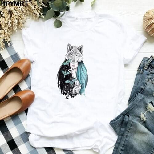 New T Shirt Women Pretty wolf girl Printed Tees Harajuku Femme Tshirt Casual Thin Section Tops Tee Short sleeve Tshirt Clothing