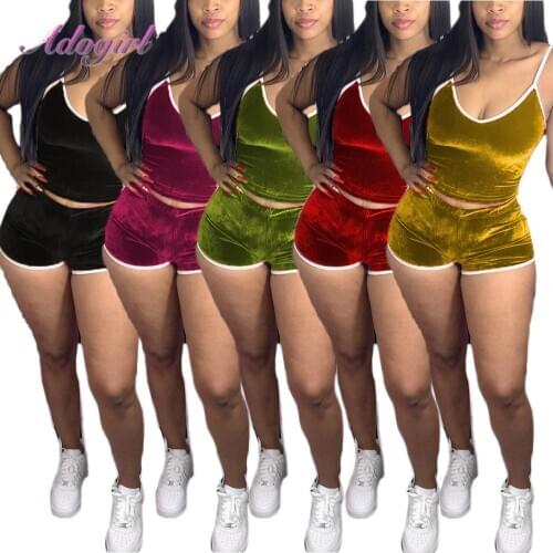 Women Pajamas Two Piece Set Casual Velvet Spaghetti Tank Crop Top Shorts Jogger Sweatpant Suit Outfit Sport Tracksuit Home Suit