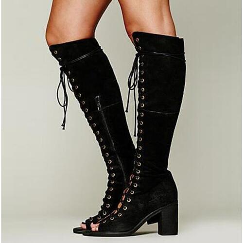 Choudory Open Toe Knee High Gladiator Sandal Boots Sexy Lace Up Black Brown Suede Boots Summer Boots Horse Riding Shoes Woman