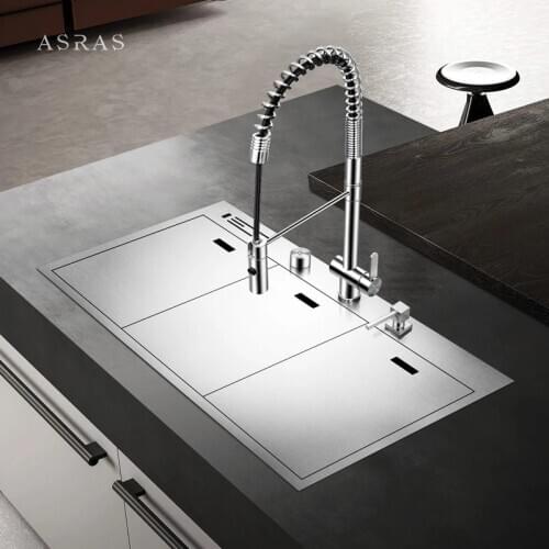 ASRAS 8250Y Handmade Hidden Kitchen Sink SUS304 Stainless Steel Invisible Sink Set with Multi-Function Pull-Out Split Faucet