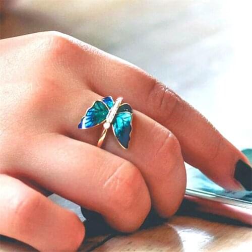 Rhinestone Pave Butterfly Ring in Blue Enameled Large Butterfly Romantic Gift Goldtone Size 6 7 8 9 10 Band Animals KL30FI-39FD
