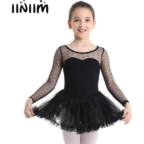 Iiniim Pretty Formal Girls Dancing Dresses Cotton Polka Dots Mesh Long Sleeves Ballet Dance Gymnastics Leotard Dress Size 3-10Y