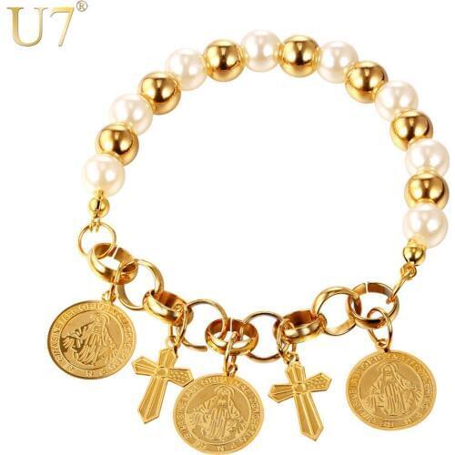 U7 Strand Bracelet Gold Color Jesus piece Cross Charms Simulated White Pearl Christian Jewelry Bracelets For Women Gift H824