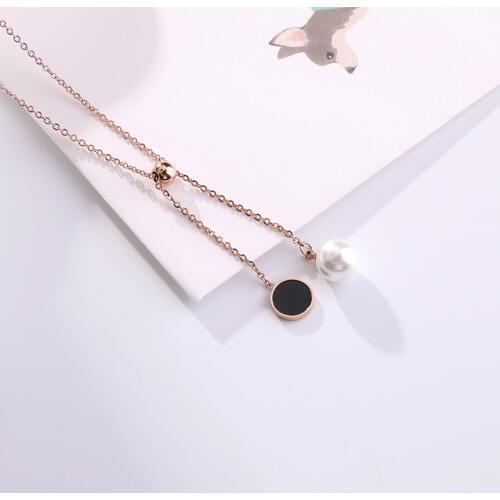Vintage Pearl Jewelry Statement Necklace For Women Rose Gold Titanium Steel Chains Black Round Pendant Necklaces